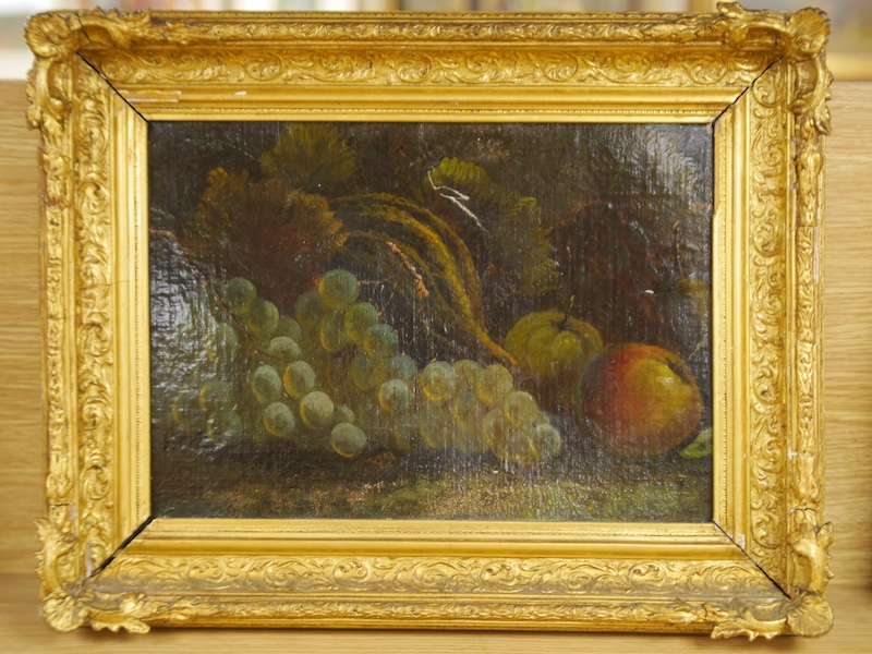 19th century, English School, oil on board, Still life of fruit, unsigned, 25 x 35cm, ornately gilt framed. Condition - poor to fair